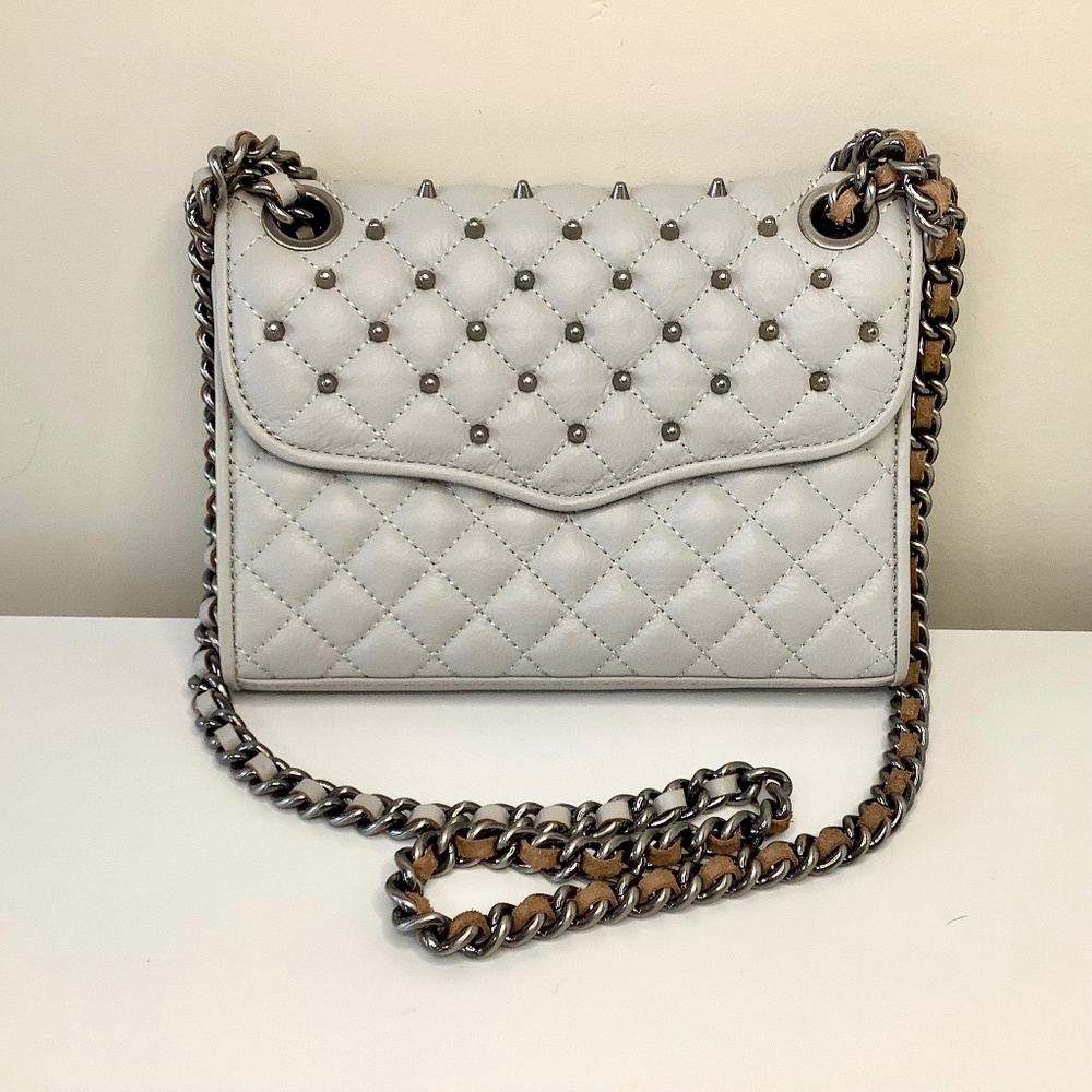 NEW Rebecca Minkoff Quilted Studded Chain Shoulder Crossbody Leather Bag Grey